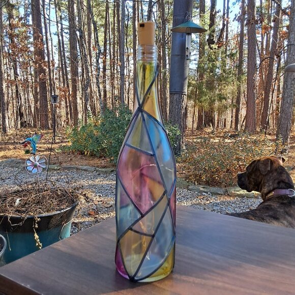 Hand Painted Faux Stained Glass Wine Bottle Lamp w/Fairy Lights-Unique Decor - Picture 7 of 12